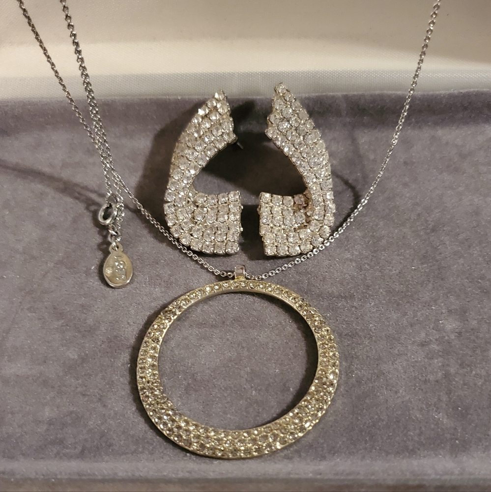 Vintage Jewelry Set : Vintage Necklace Signed Loft, Earrings Rhinestones, Icy